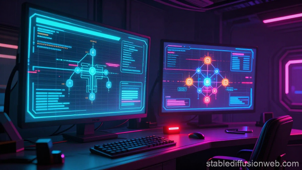 Cinematic Sci-Fi Control Room with Futuristic Holographic Displays