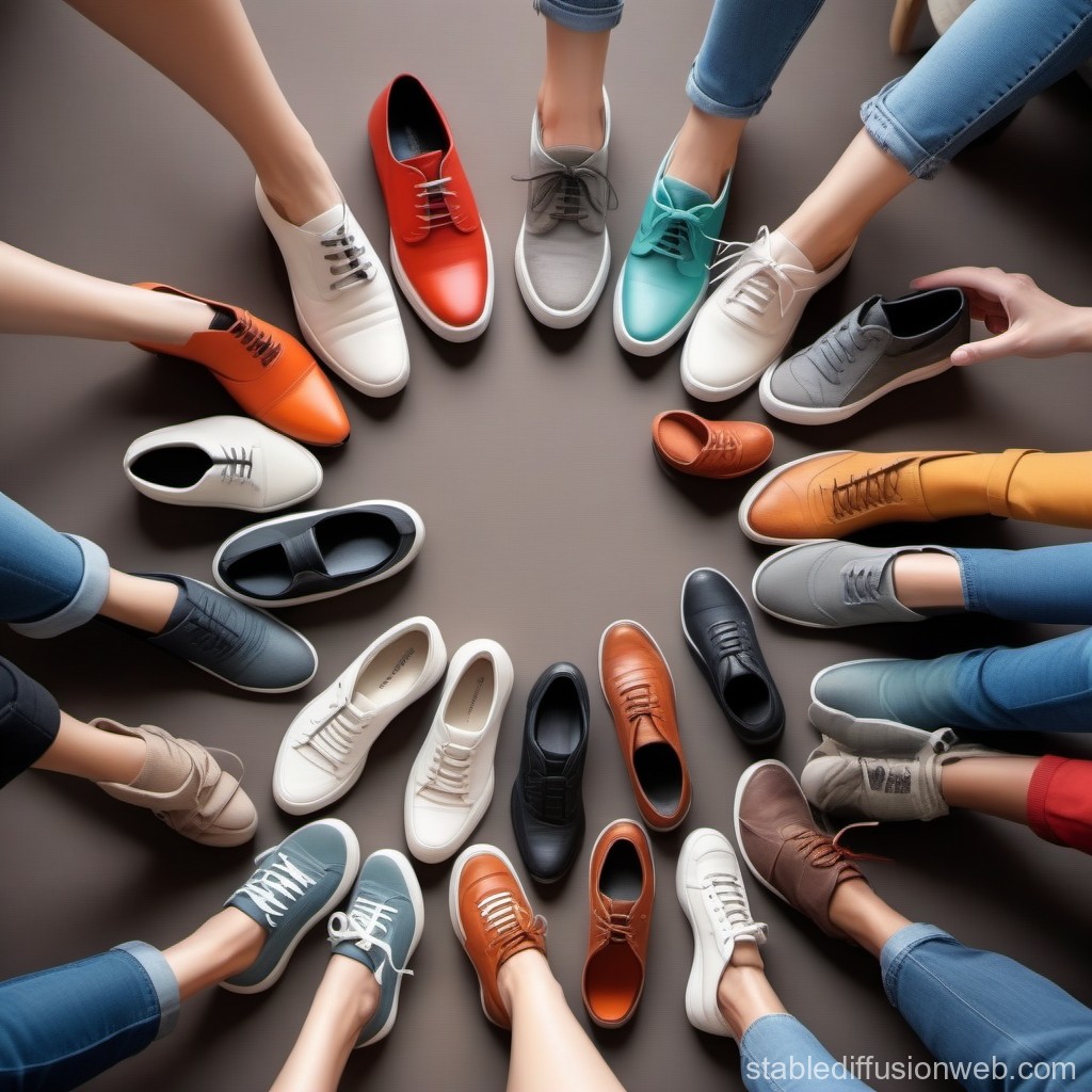 Circle of Diverse Casual Shoes on Feet