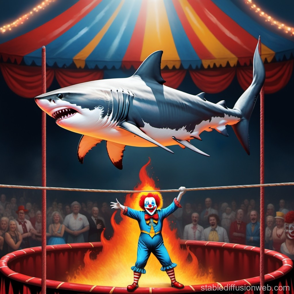 Circus Clown Balancing a Shark Above a Ring of Fire