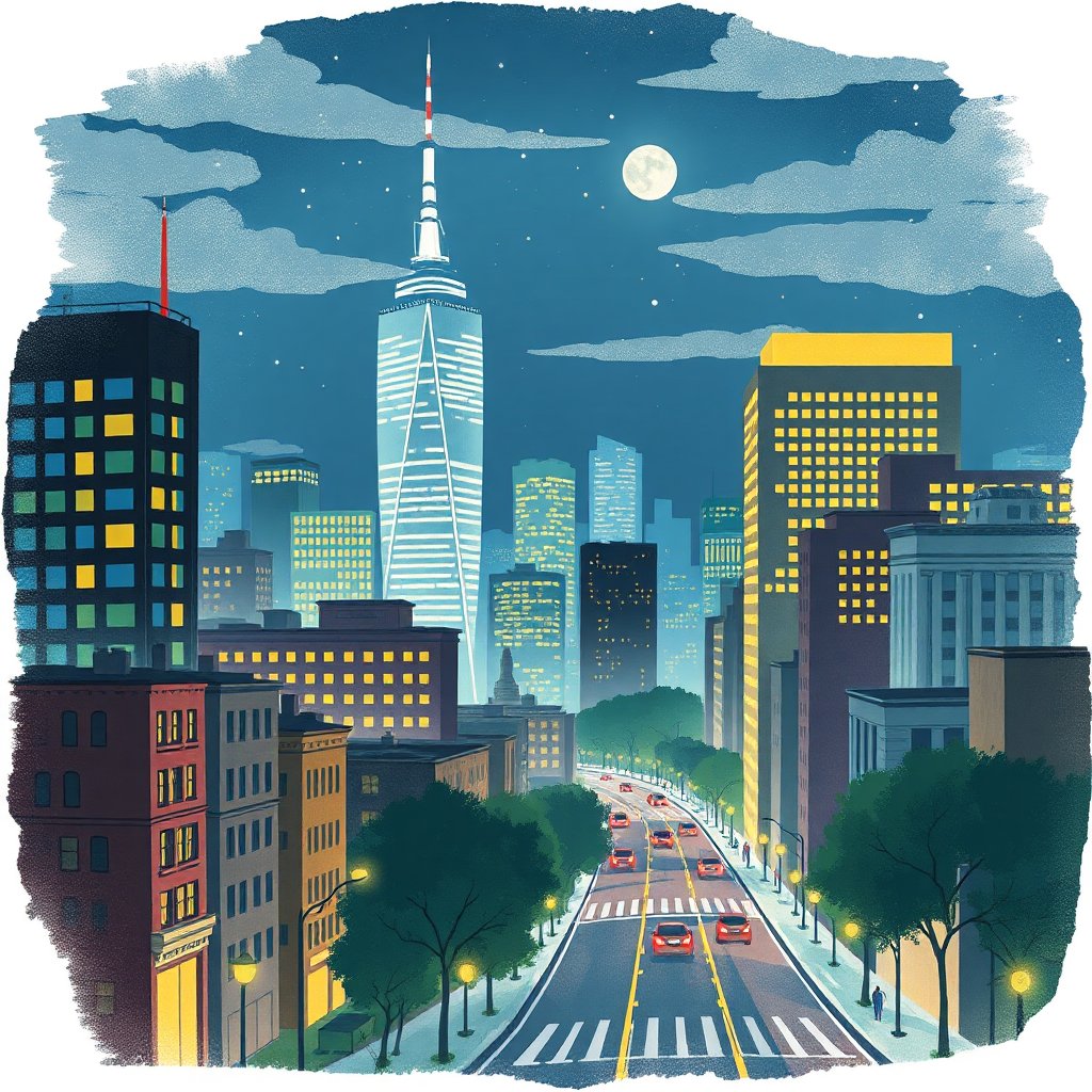 City Nightscape with Illuminated Skyscrapers and Full Moon