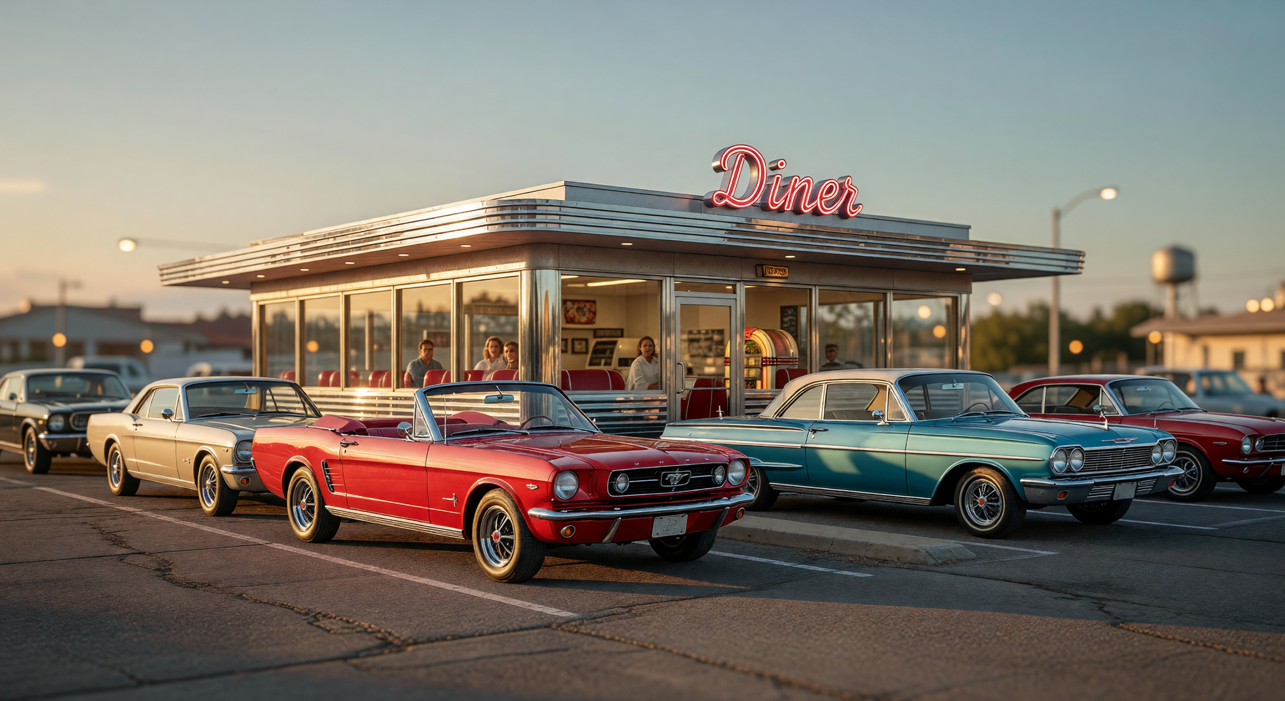 Classic 60s Cars Parked Outside a Retro Diner at Golden Hour