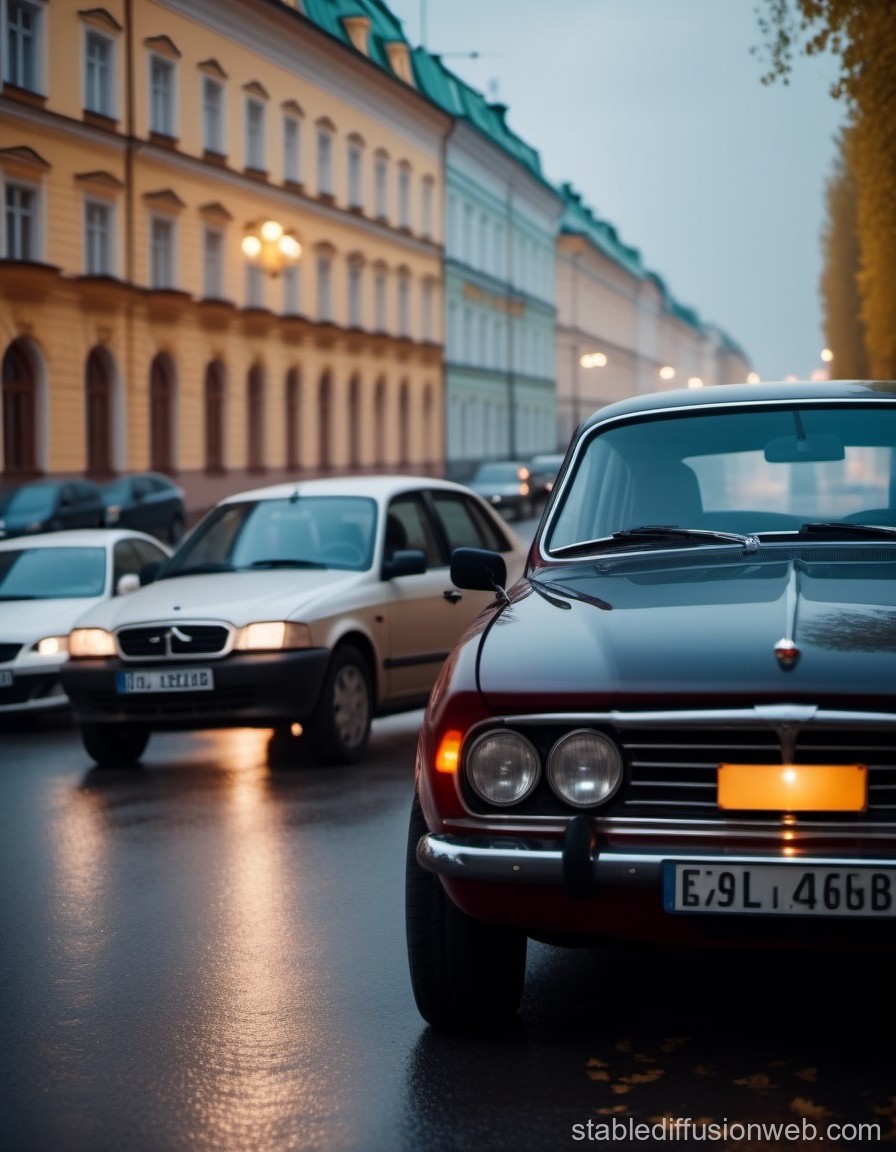 Classic and Modern Cars on a European City Street at Dusk