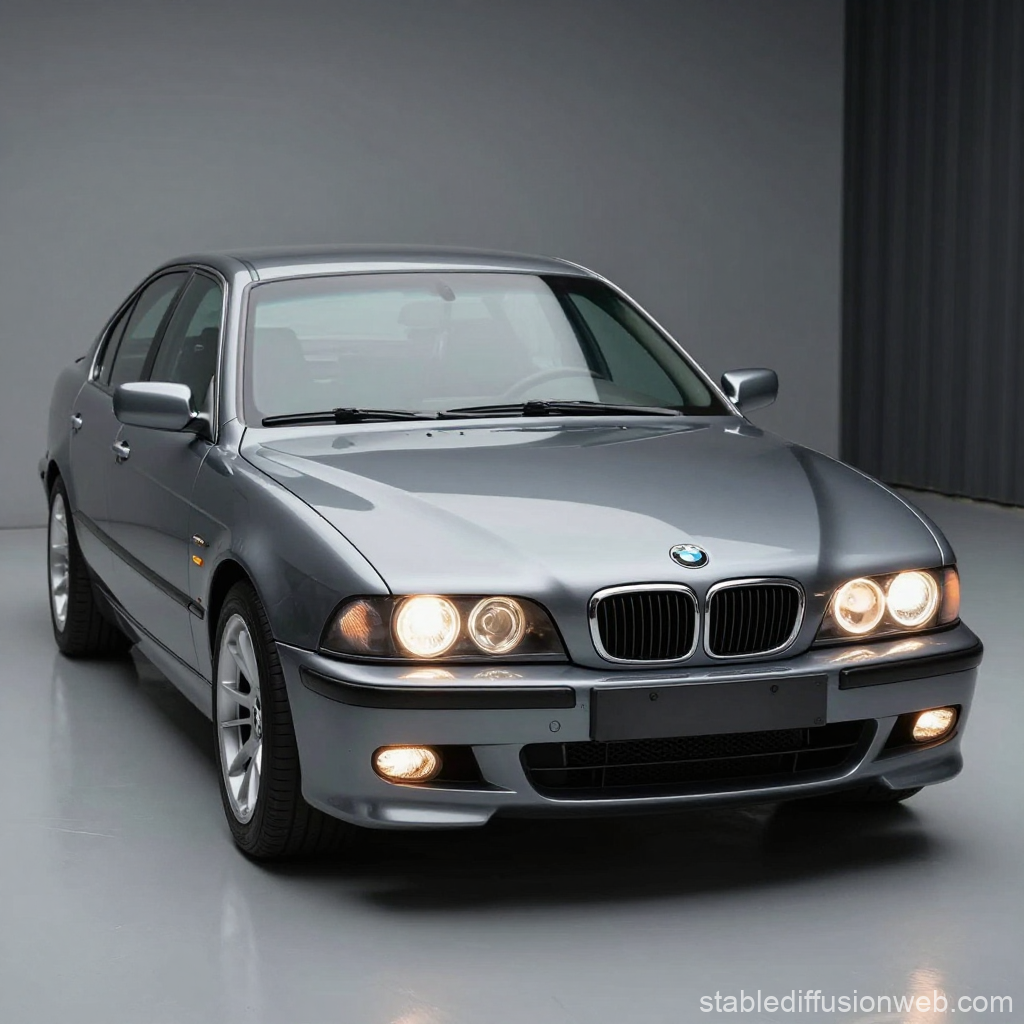 Classic BMW E39 Sedan with Headlights On in Studio