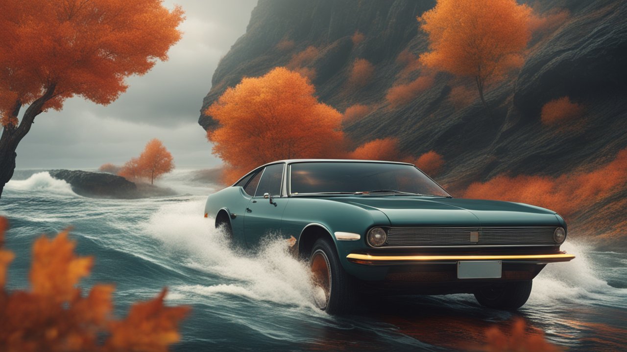 Classic Car Driving Through Autumn Waterscape
