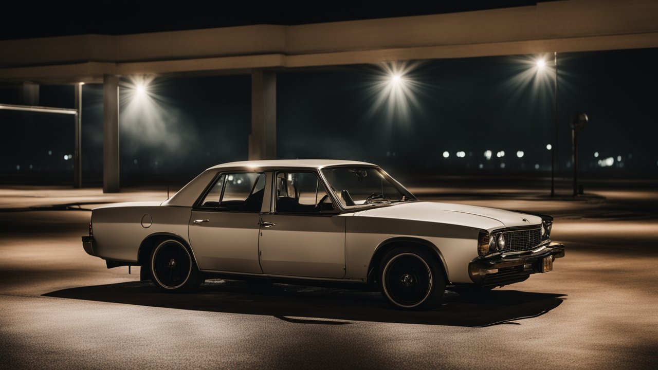 Classic Car Parked in Dimly Lit Urban Setting at Night