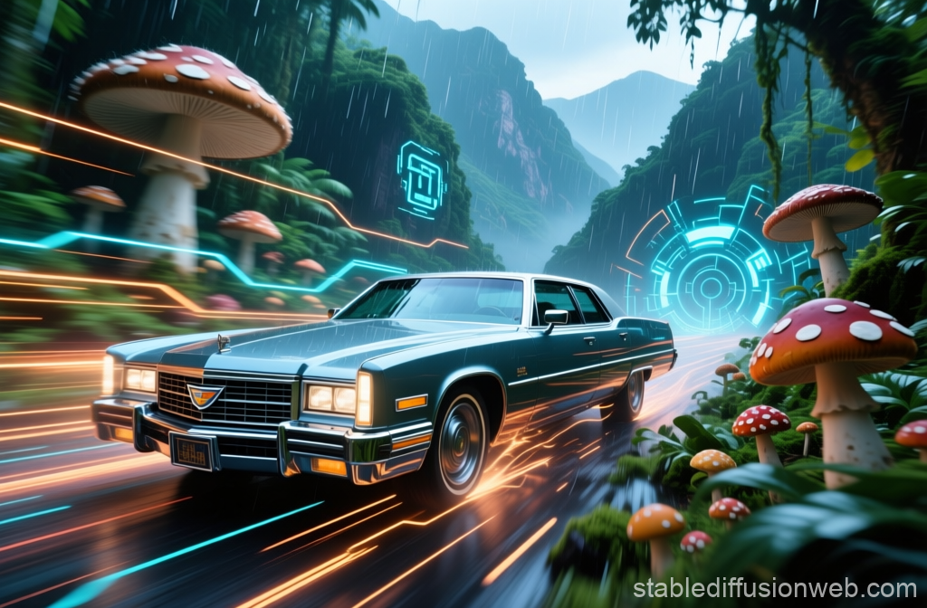 Classic Car Racing Through Futuristic Rainforest with Giant Mushrooms