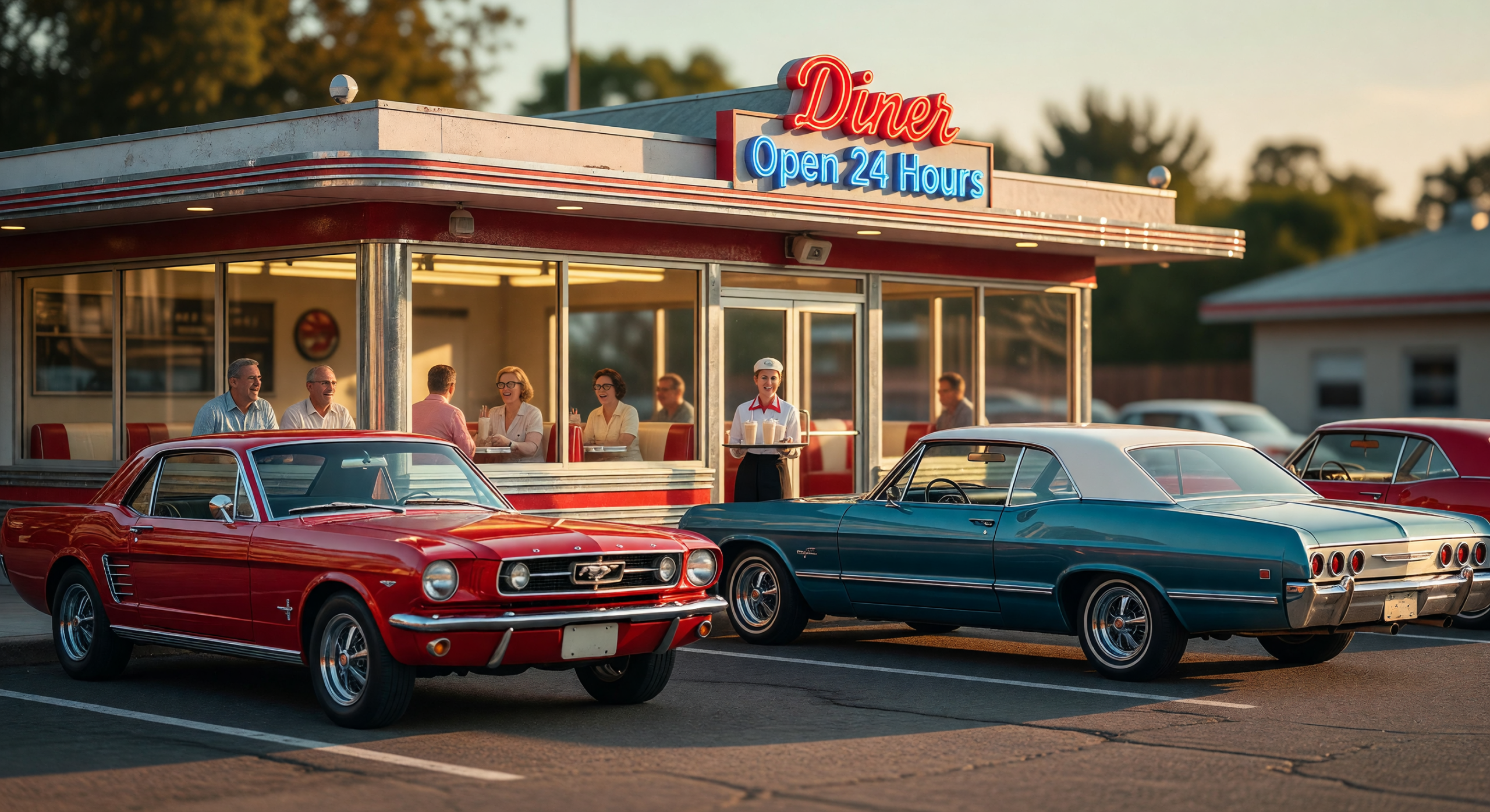 Classic Cars at Retro Diner in Golden Hour Glow