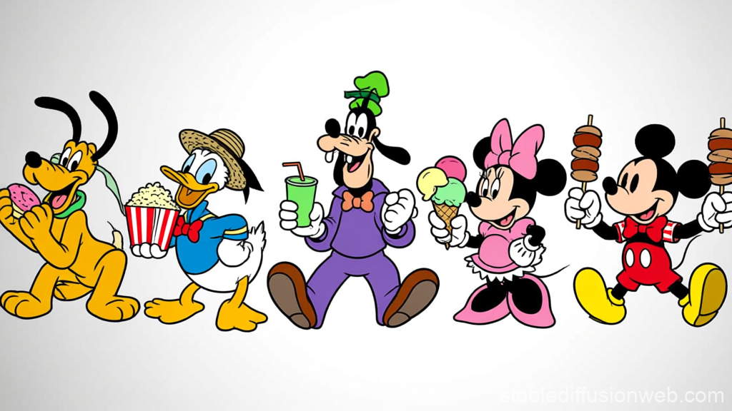 Classic Cartoon Characters Enjoying Snacks