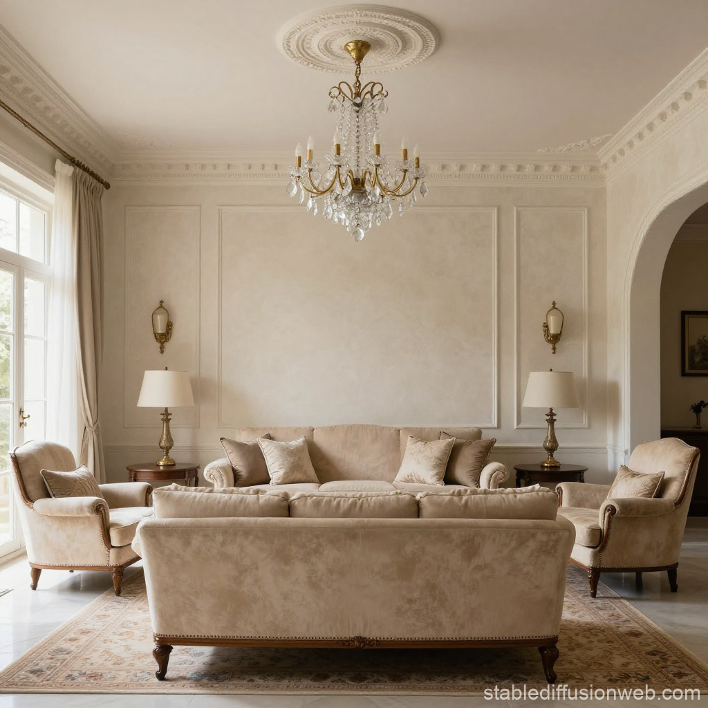 Classic Elegant Living Room with Beige Upholstery and Crystal Chandelier