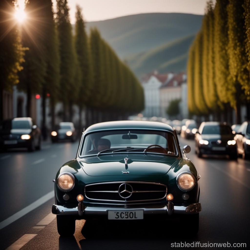 Classic Mercedes-Benz Driving Through Tree-Lined Street at Sunset