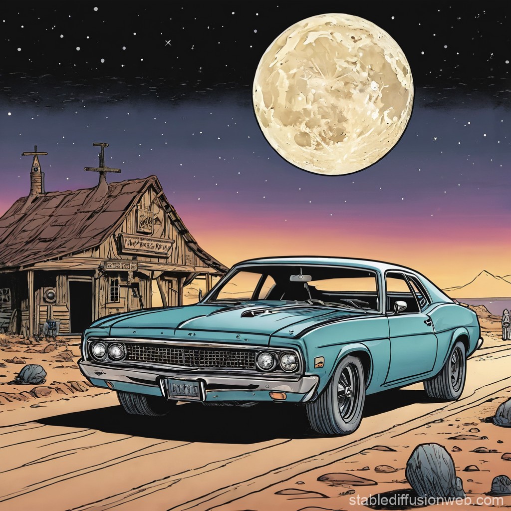 Classic Muscle Car Under a Giant Moon in Desert Night