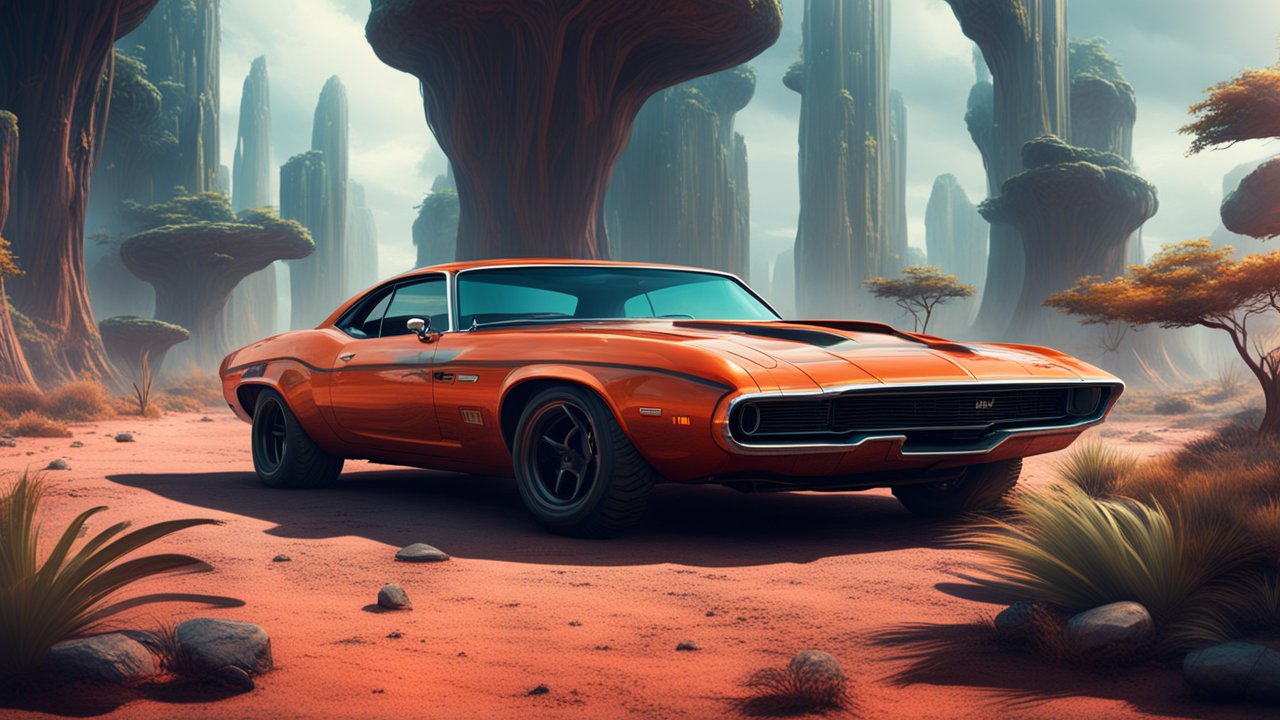 Classic Orange Muscle Car in a Surreal Alien Landscape