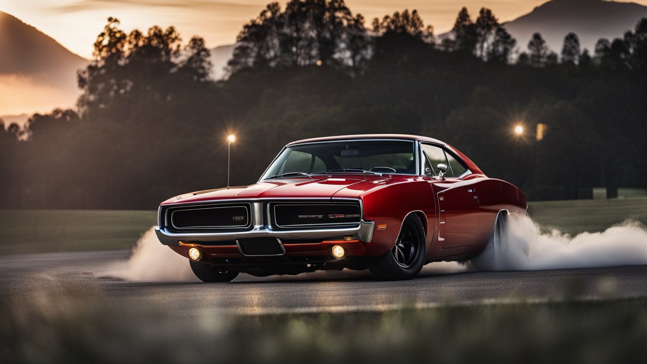Classic Red Dodge Charger Performing Burnout at Sunset