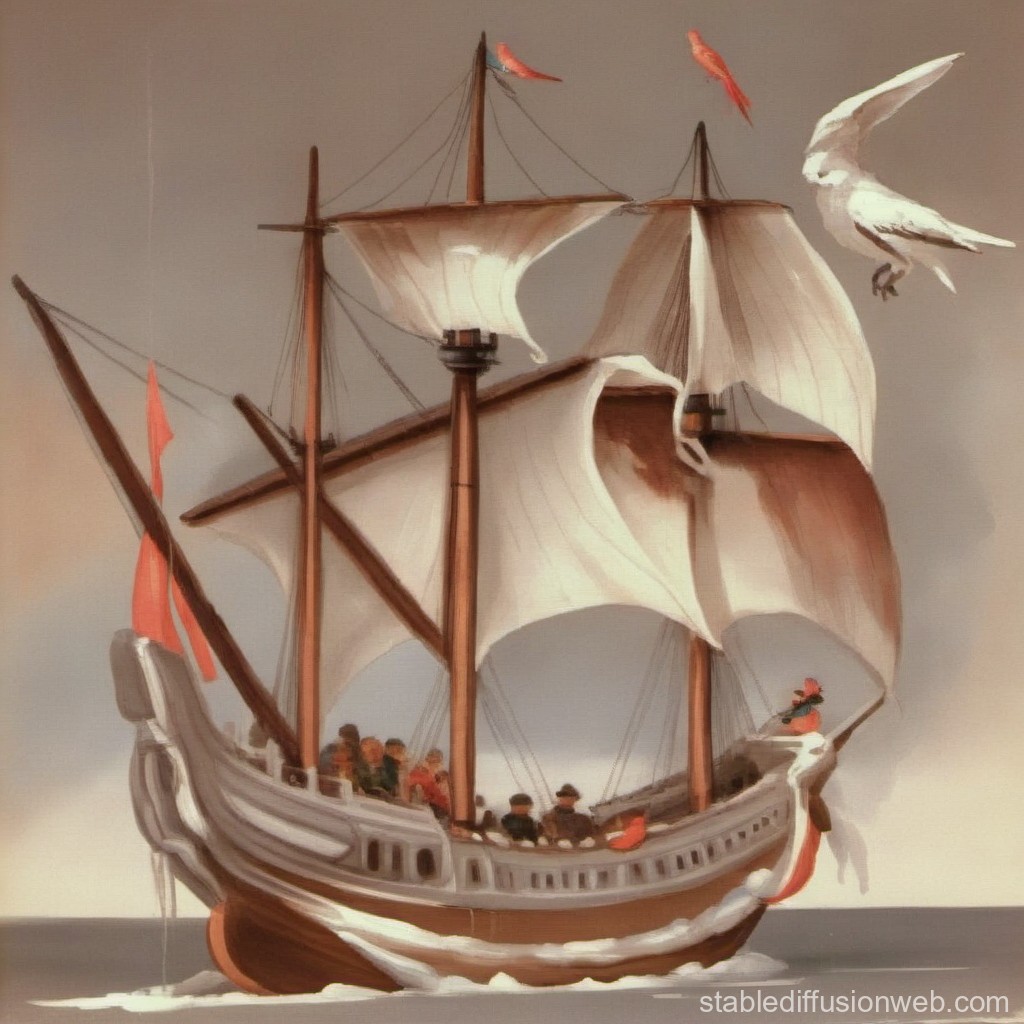 Classic Sailing Ship with Birds in Soft Light