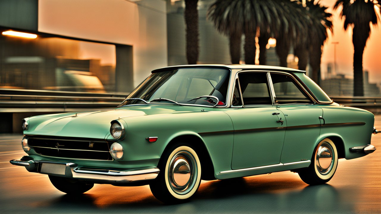 Classic Vintage Car at Sunset in Urban Setting