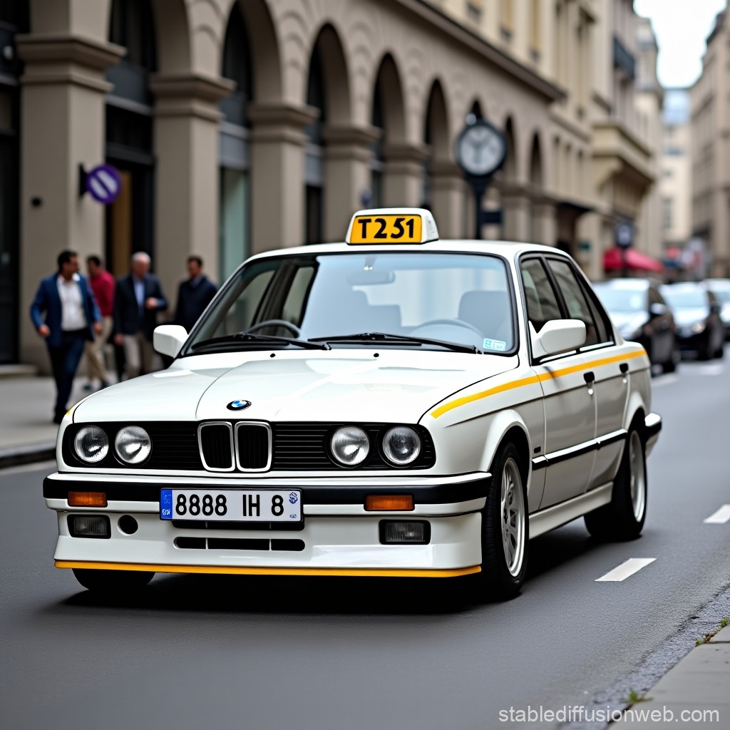 Classic White BMW Taxi on City Street