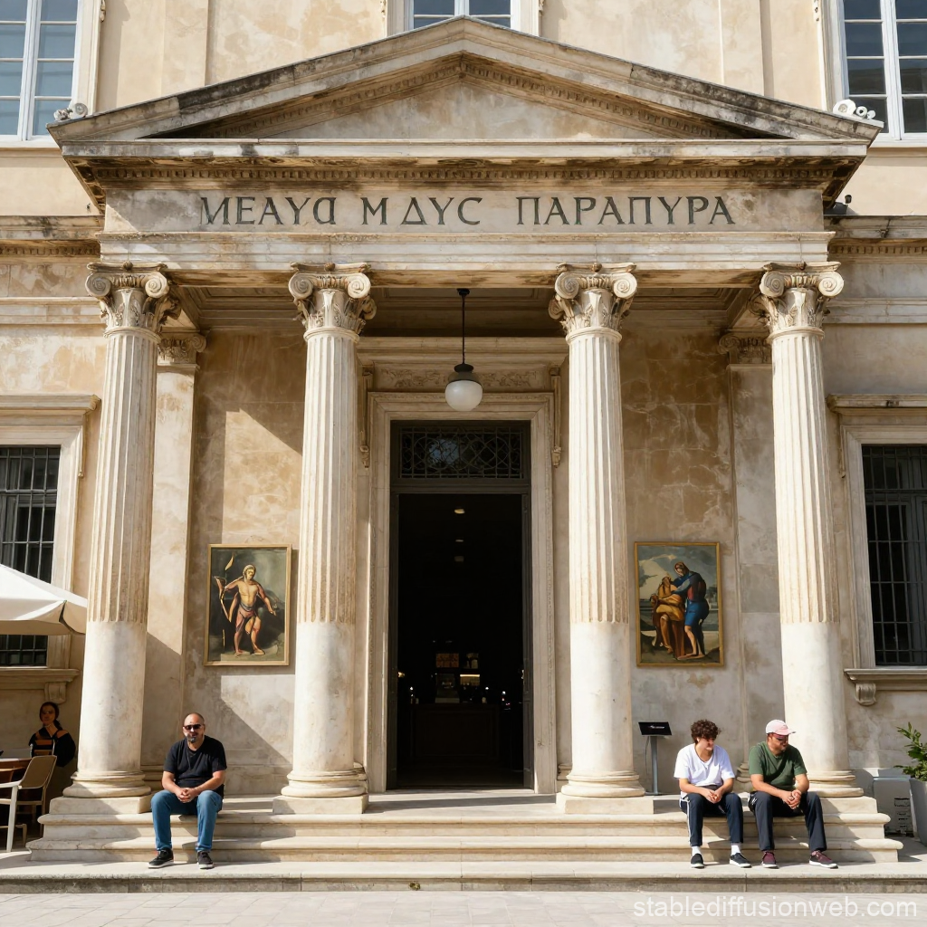 Classical Building Entrance with Corinthian Columns and People Sitting