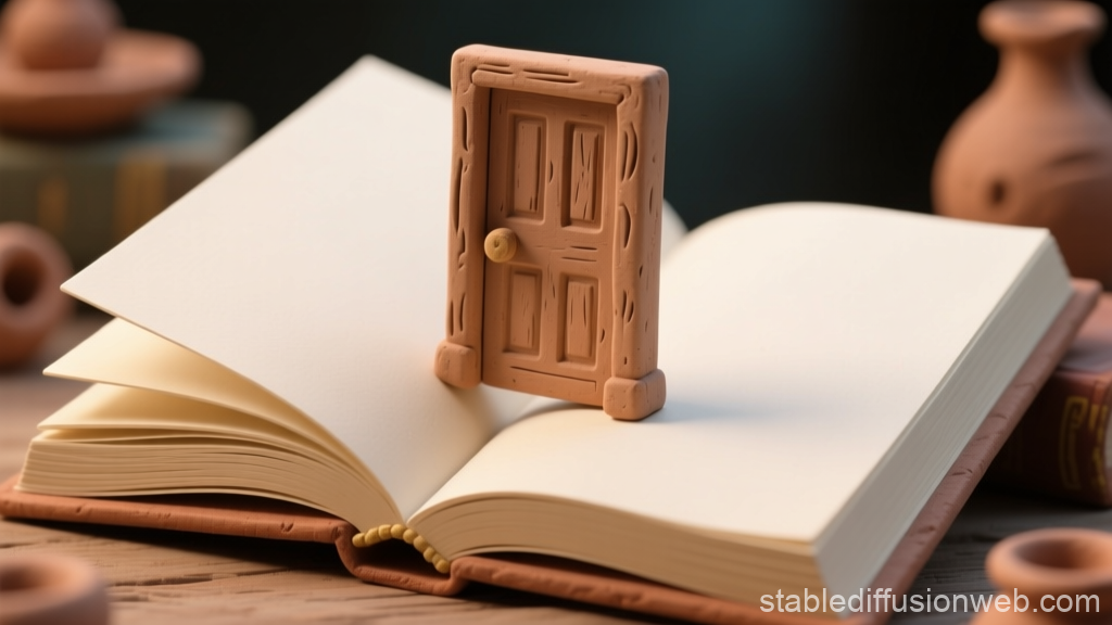 Clay Door Standing on Open Blank Book Pages