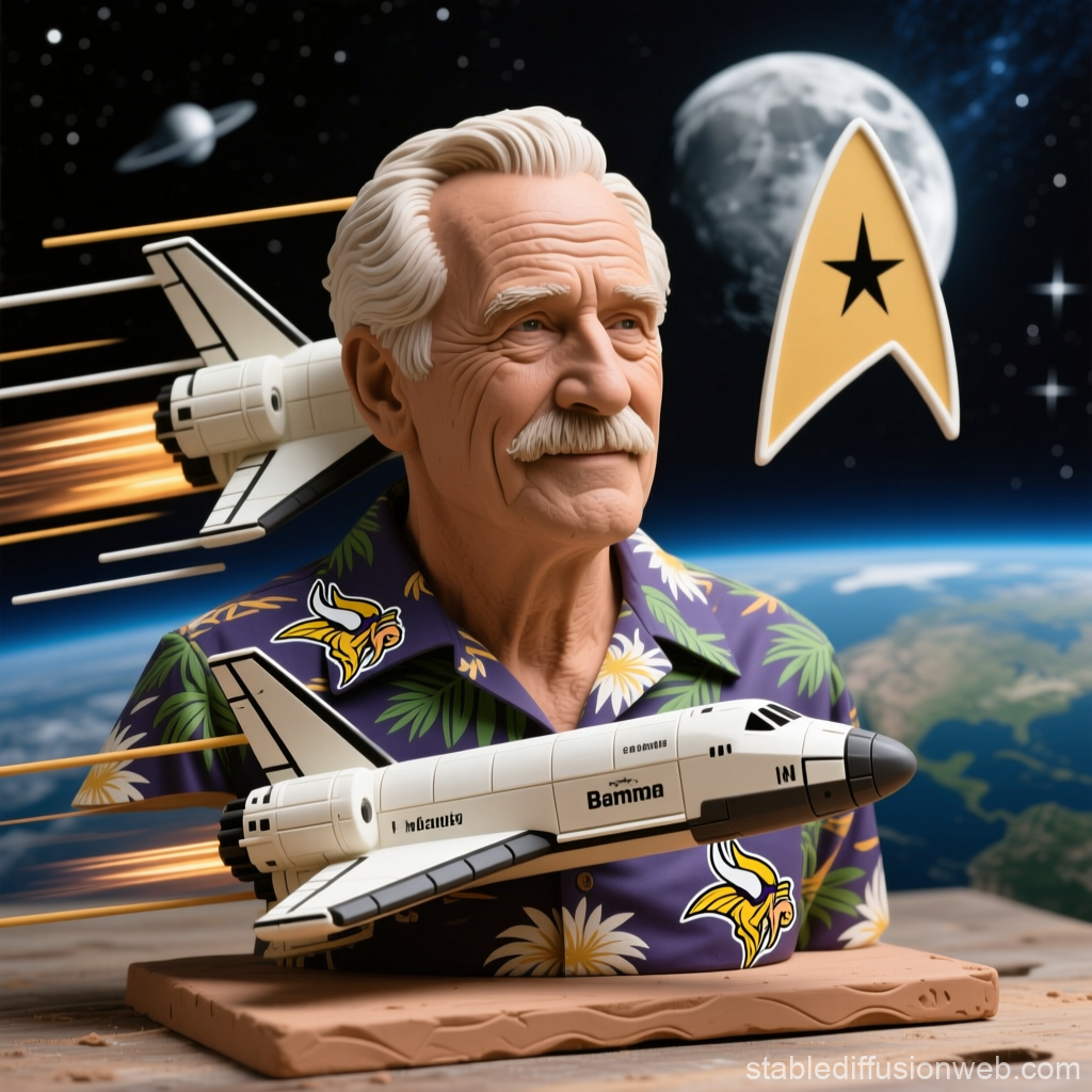 Clay Sculpture of Elderly Man with Space Shuttle and Star Trek Emblem