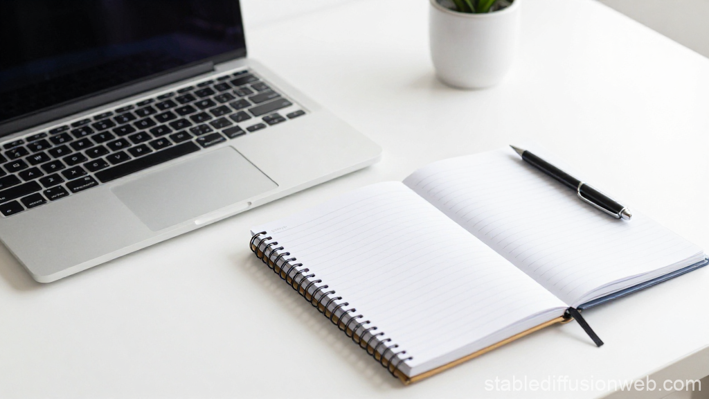 Clean Office Desk Setup with Laptop and Notebooks