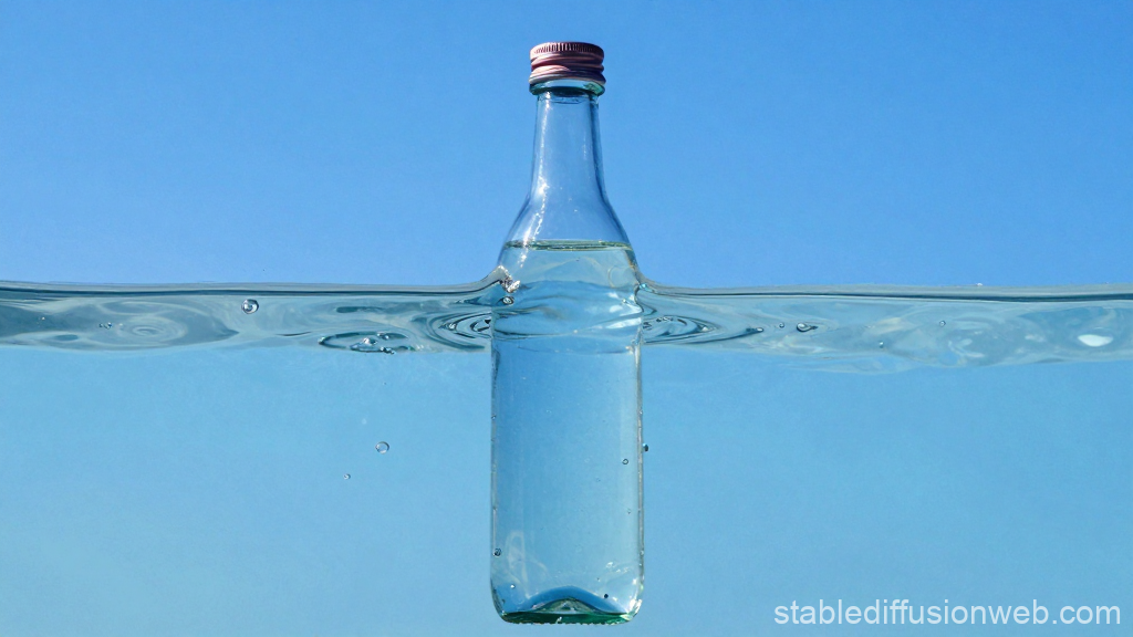 Clear Glass Bottle Half Submerged in Water with Blue Sky