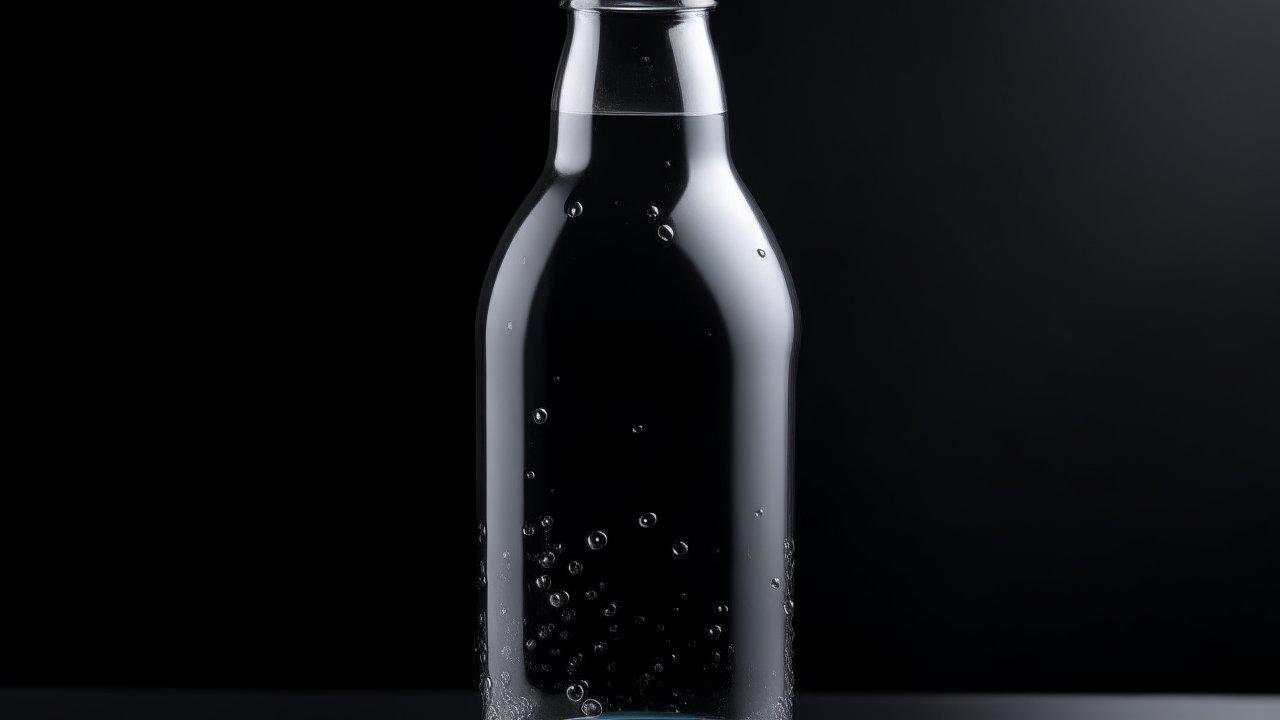 Clear Glass Bottle with Water Bubbles on Black Background