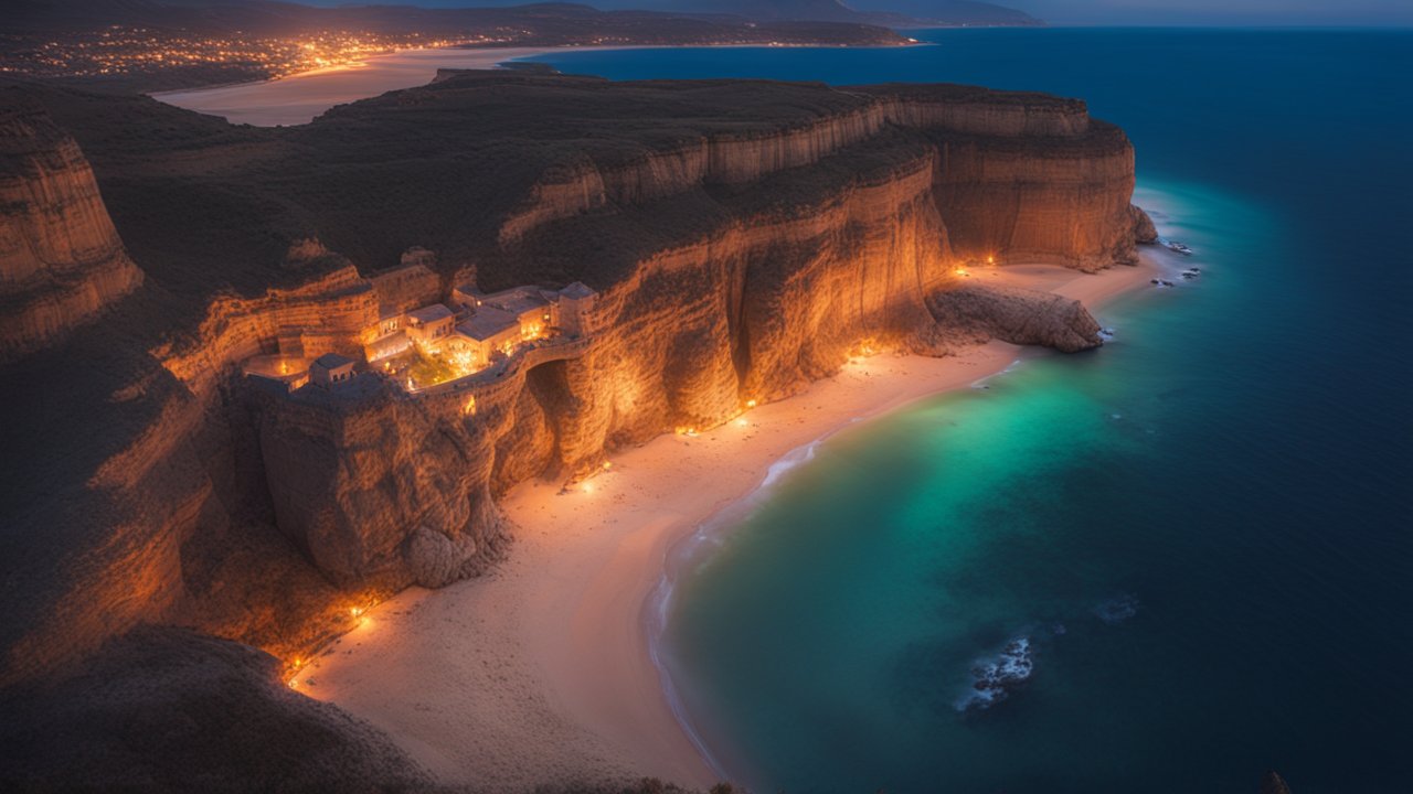 Clifftop Village Illuminated at Twilight by the Sea
