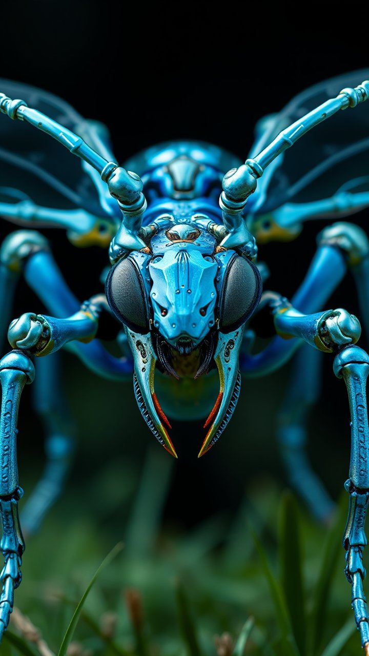 Close-Up Front View of a Metallic Blue Robotic Insect
