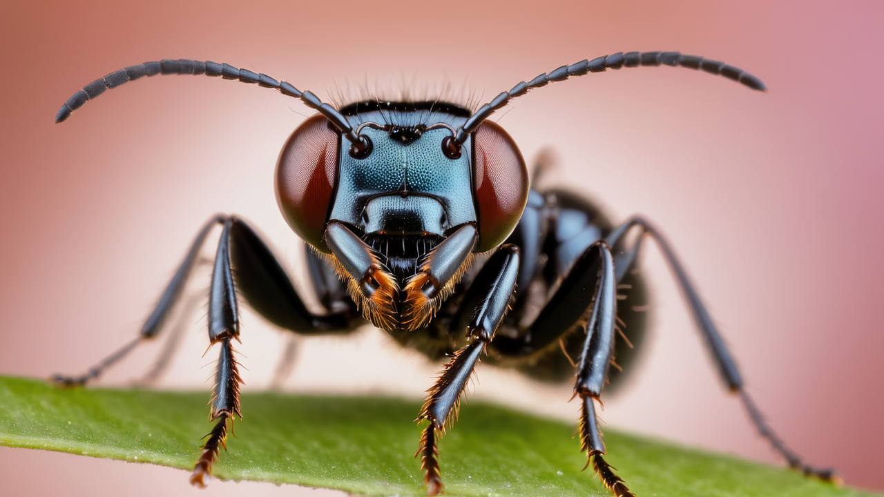 Close-Up of a Black Ant on a Leaf