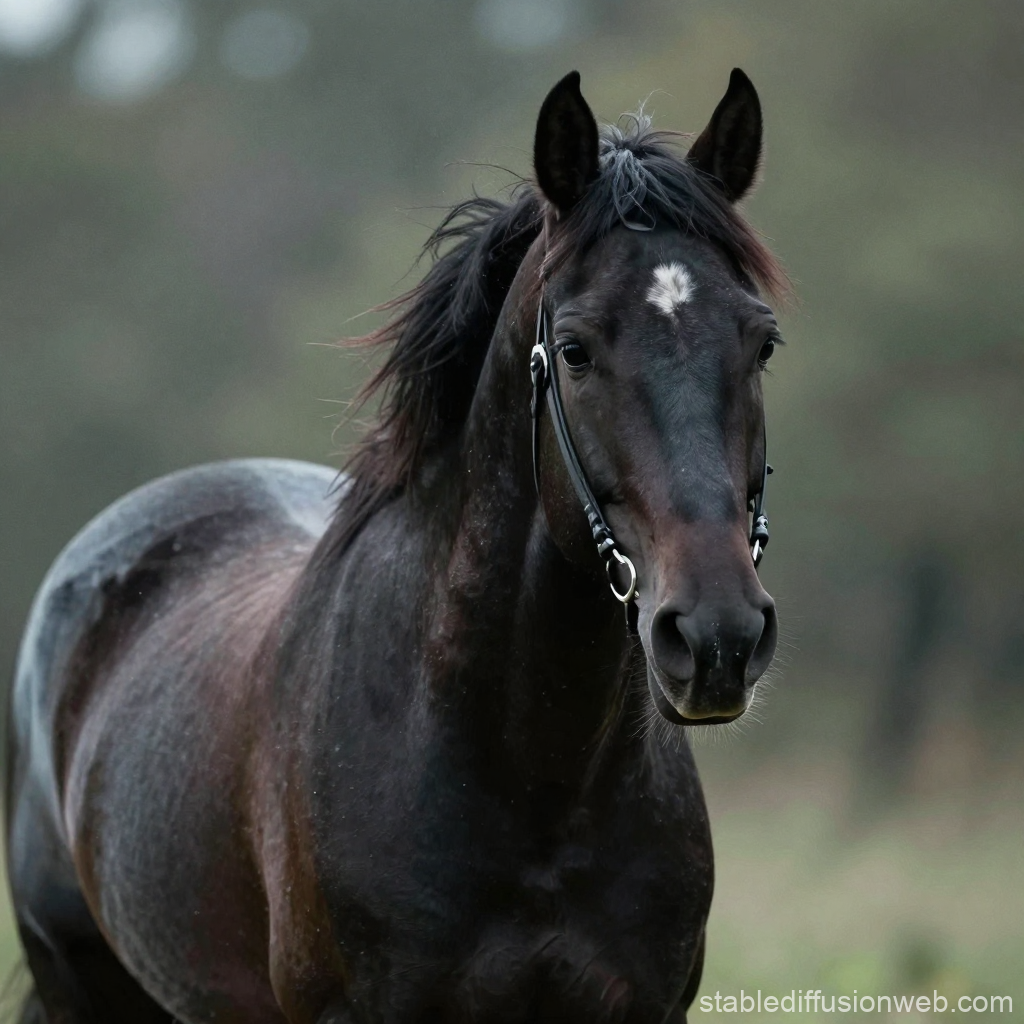 Close-up of a Black Horse with a White Star Marking