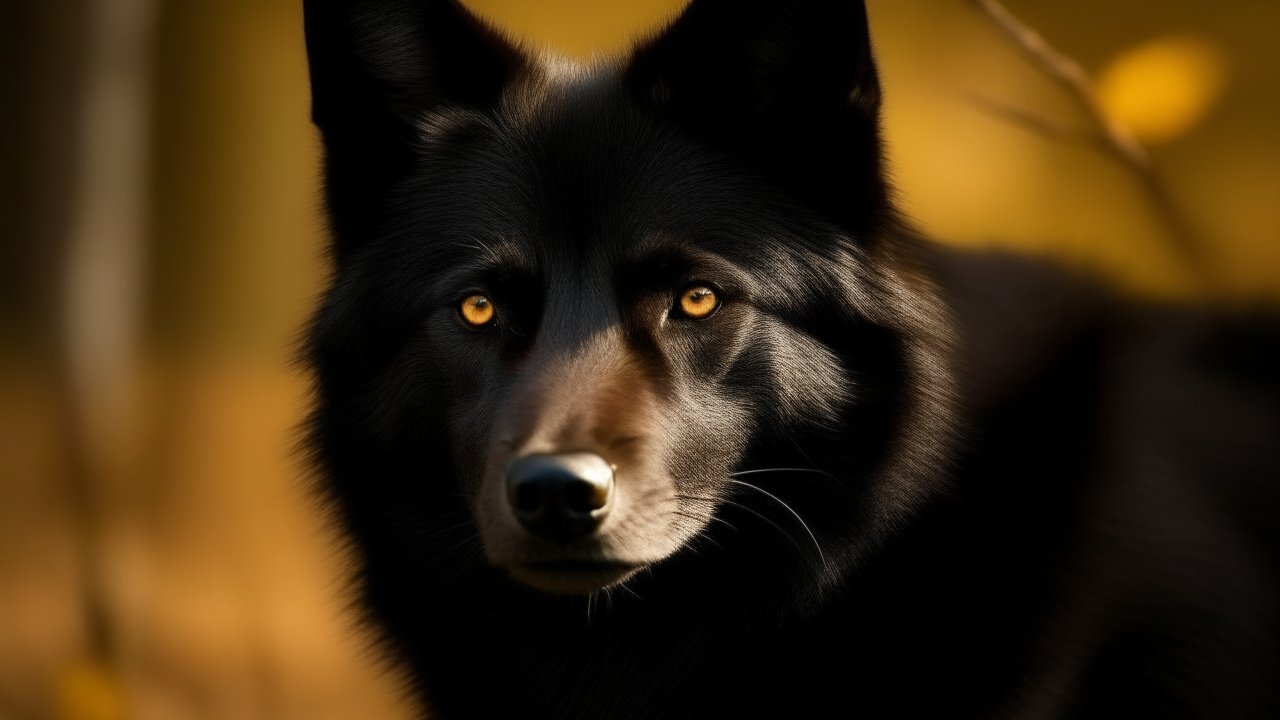 Close-up of a Black Wolf with Golden Eyes in Autumn Light
