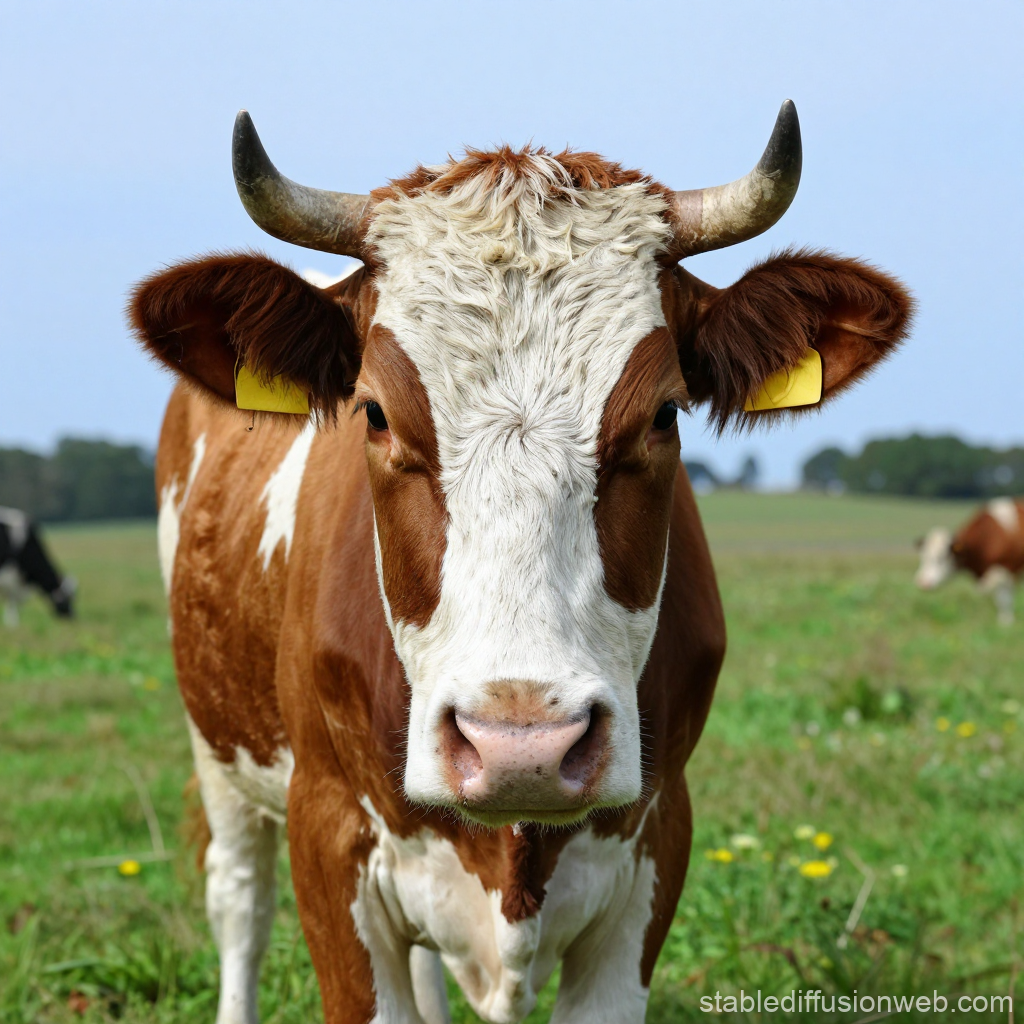 Close-up of a Brown and White Cow in a Pasture