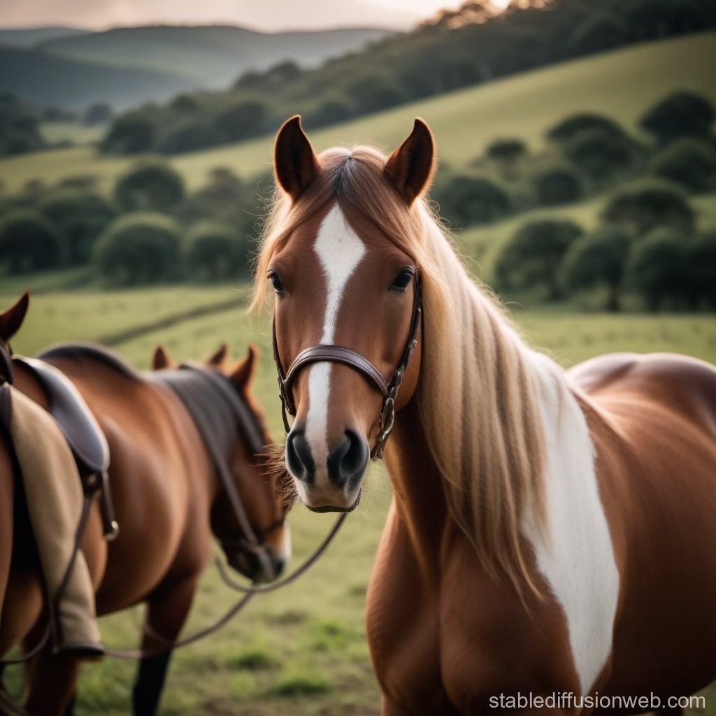 Close-up of a Brown and White Horse in a Pastoral Landscape