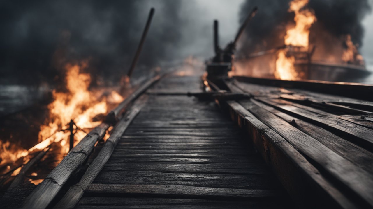 Close-up of a Burning Wooden Boat on Fire