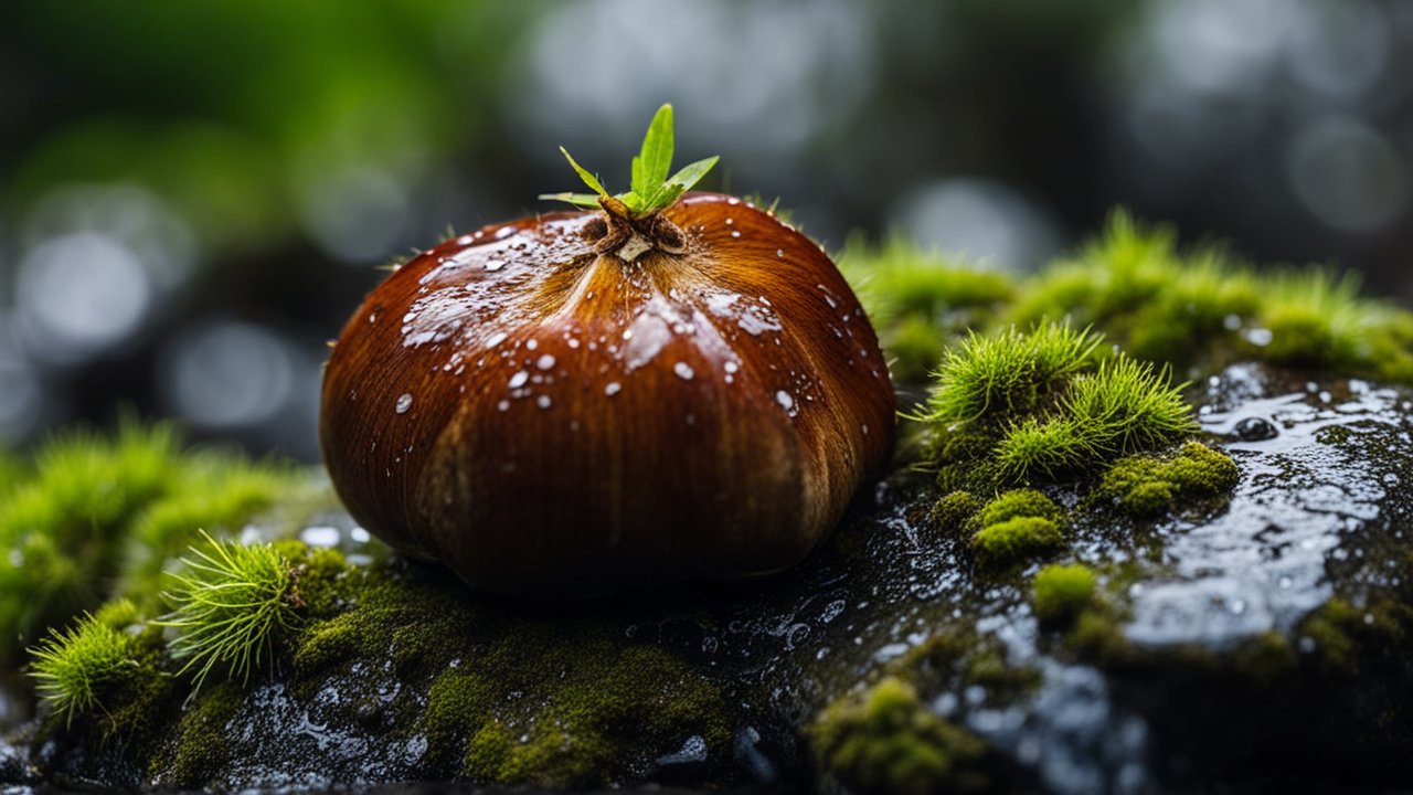 Close-up of a Chestnut on Mossy Rock with Water Droplets
