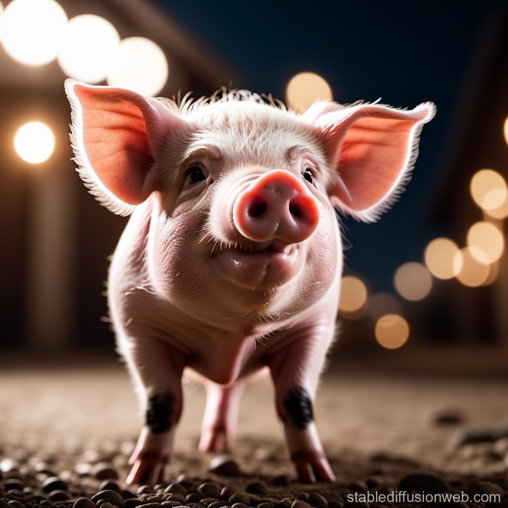 Close-up of a Cute Piglet with Bokeh Lights