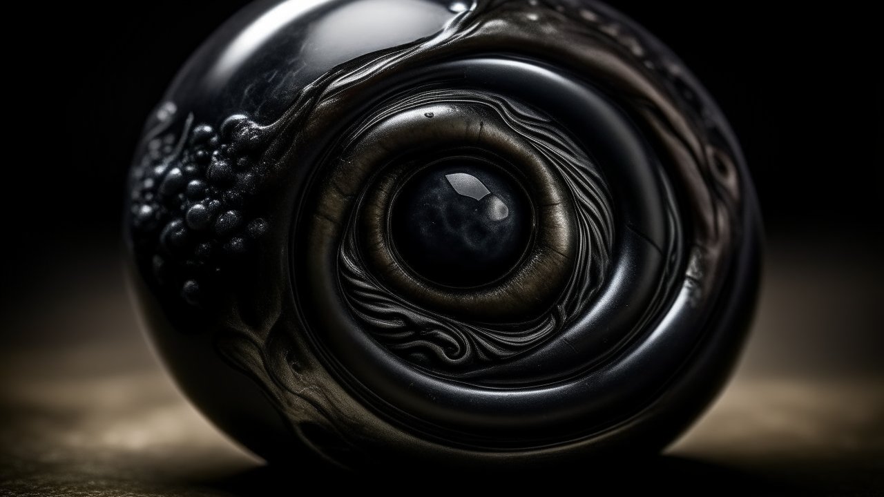 Close-up of a Dark, Textured Spherical Object with Intricate Patterns