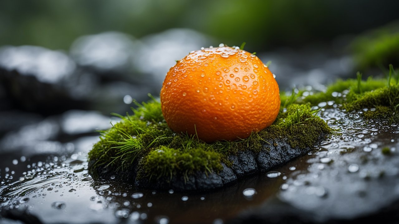 Close-up of a Dew-covered Orange on Mossy Rock
