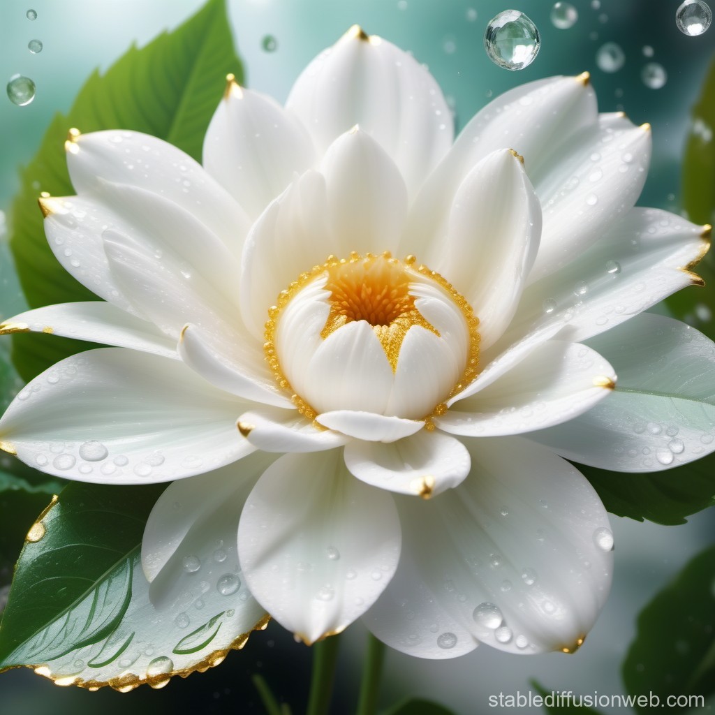 Close-up of a Dew-Kissed White Lotus Flower with Golden Accents