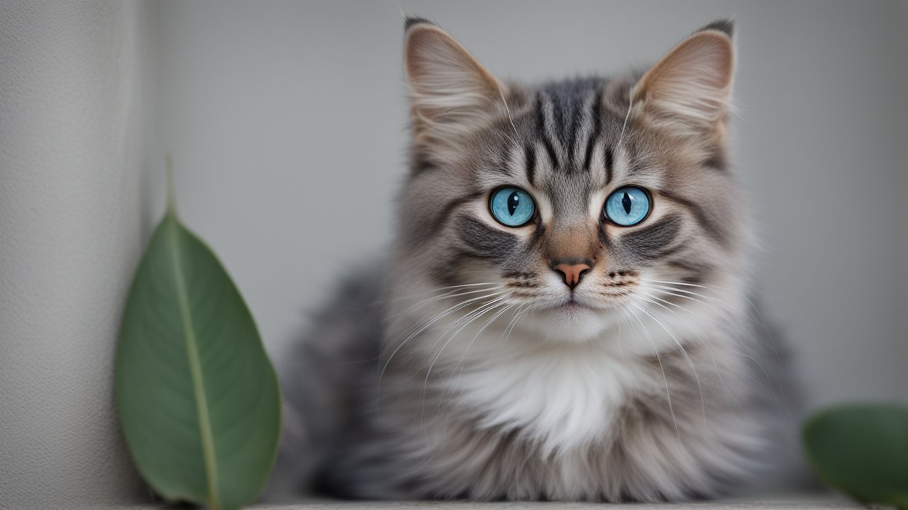 Close-up of a Fluffy Cat with Striking Blue Eyes
