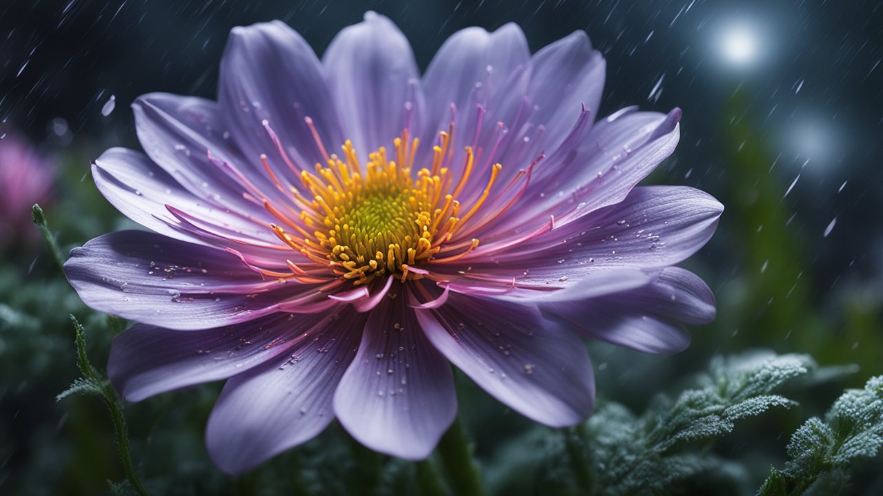 Close-up of a Fragile Purple Flower with Dew Drops