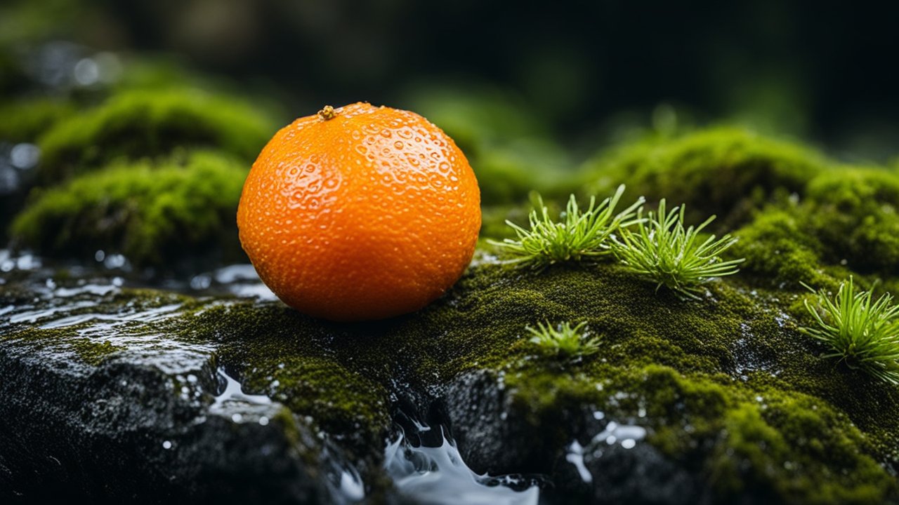 Close-up of a Fresh Orange on Mossy Rock