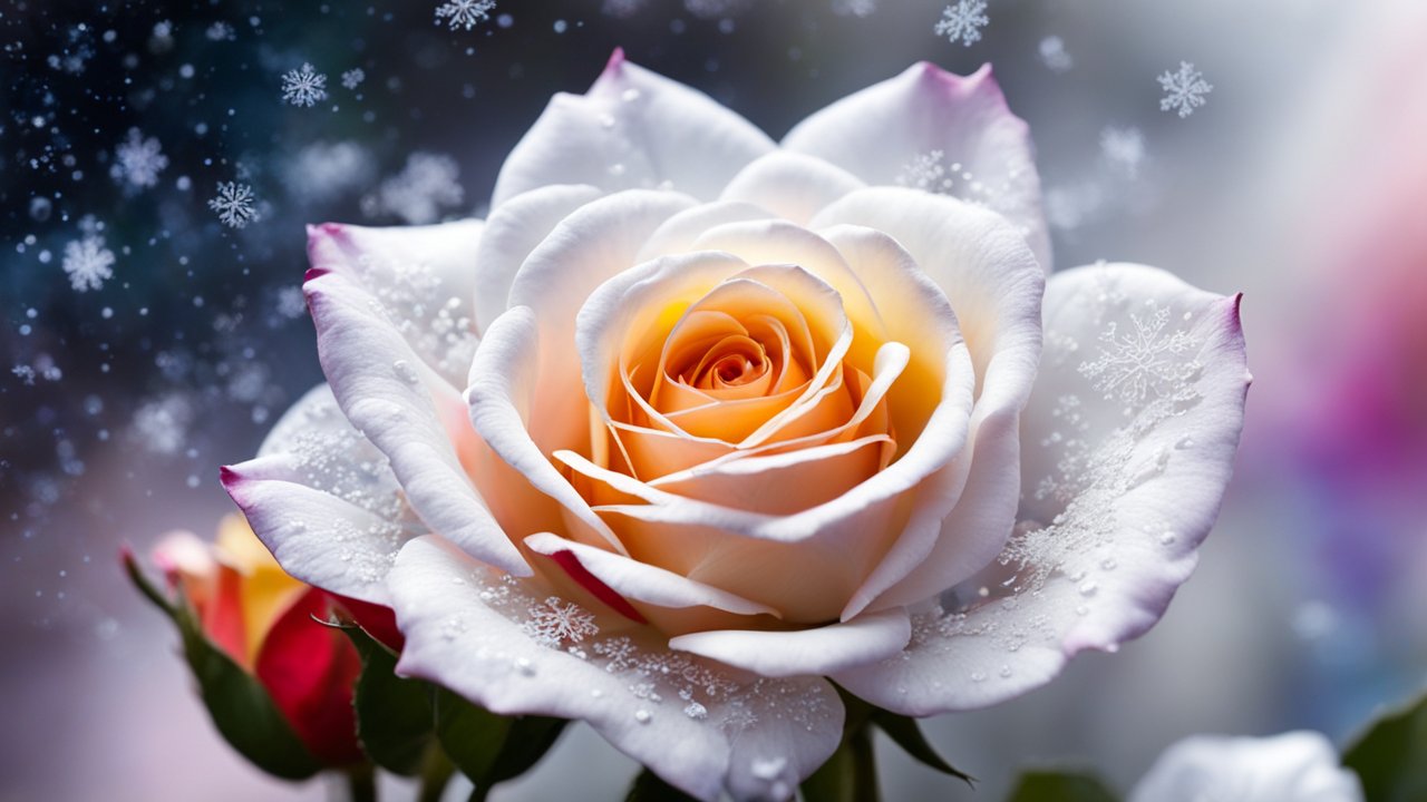 Close-up of a Frosted White and Peach Rose with Snowflakes