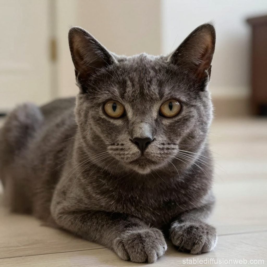 Close-up of a Gray Cat Lying on the Floor