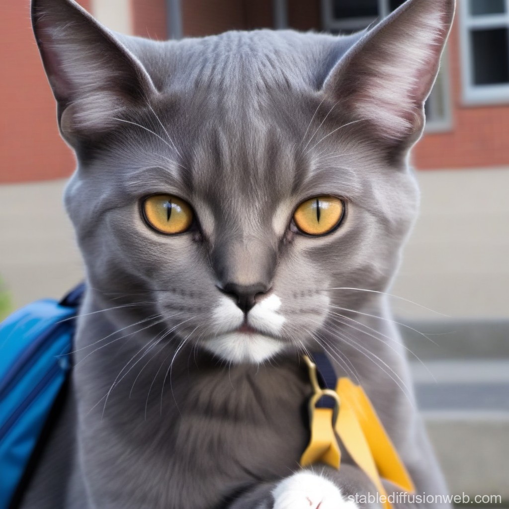 Close-up of a Gray Cat with Golden Eyes Wearing a Backpack