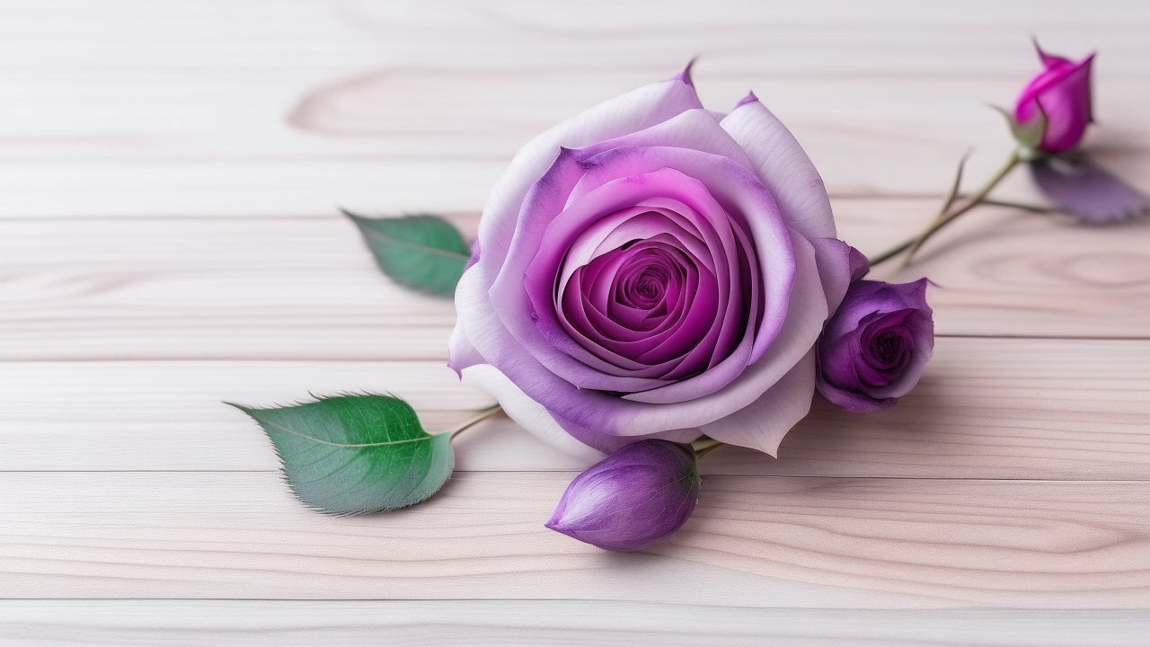 Close-up of a Purple Rose on Light Wooden Surface