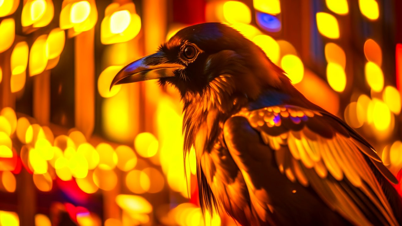 Close-up of a Raven with Warm Bokeh Lights