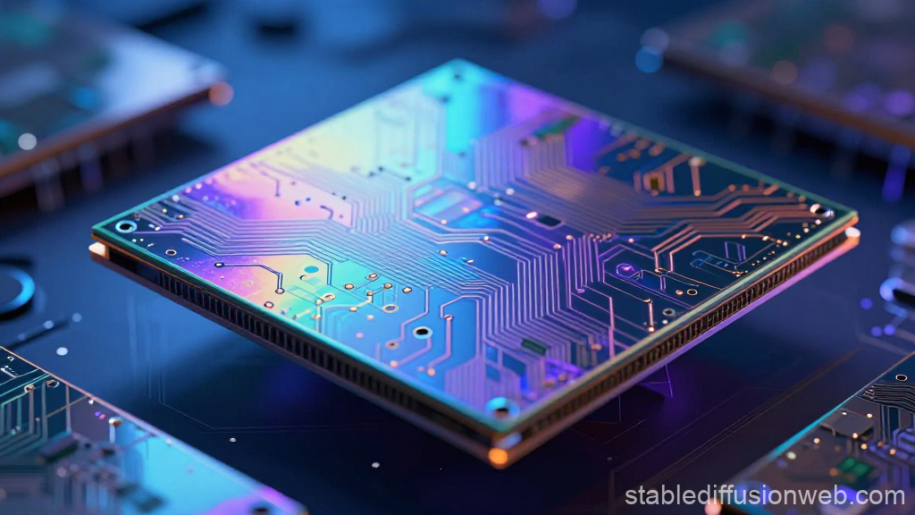 Close-up of a Silicon Wafer with Holographic Circuit Patterns