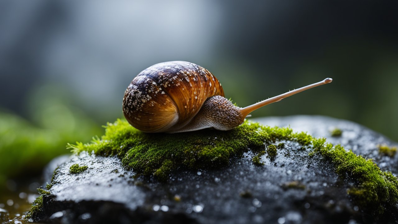 Close-up of a Snail on Mossy Rock