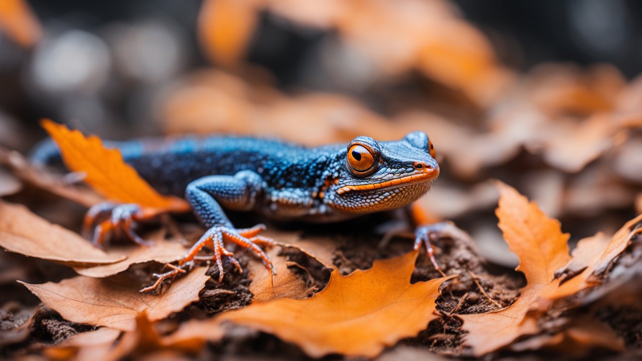 Close-up of a Vibrant Salamander on Autumn Leaves
